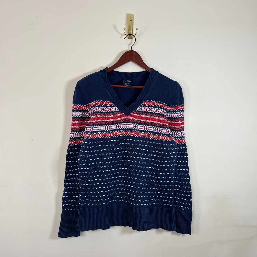 Vintage Y2K Faded Glory Fair Isle Knit V-Neck Sweater Navy Orange Large Cotton